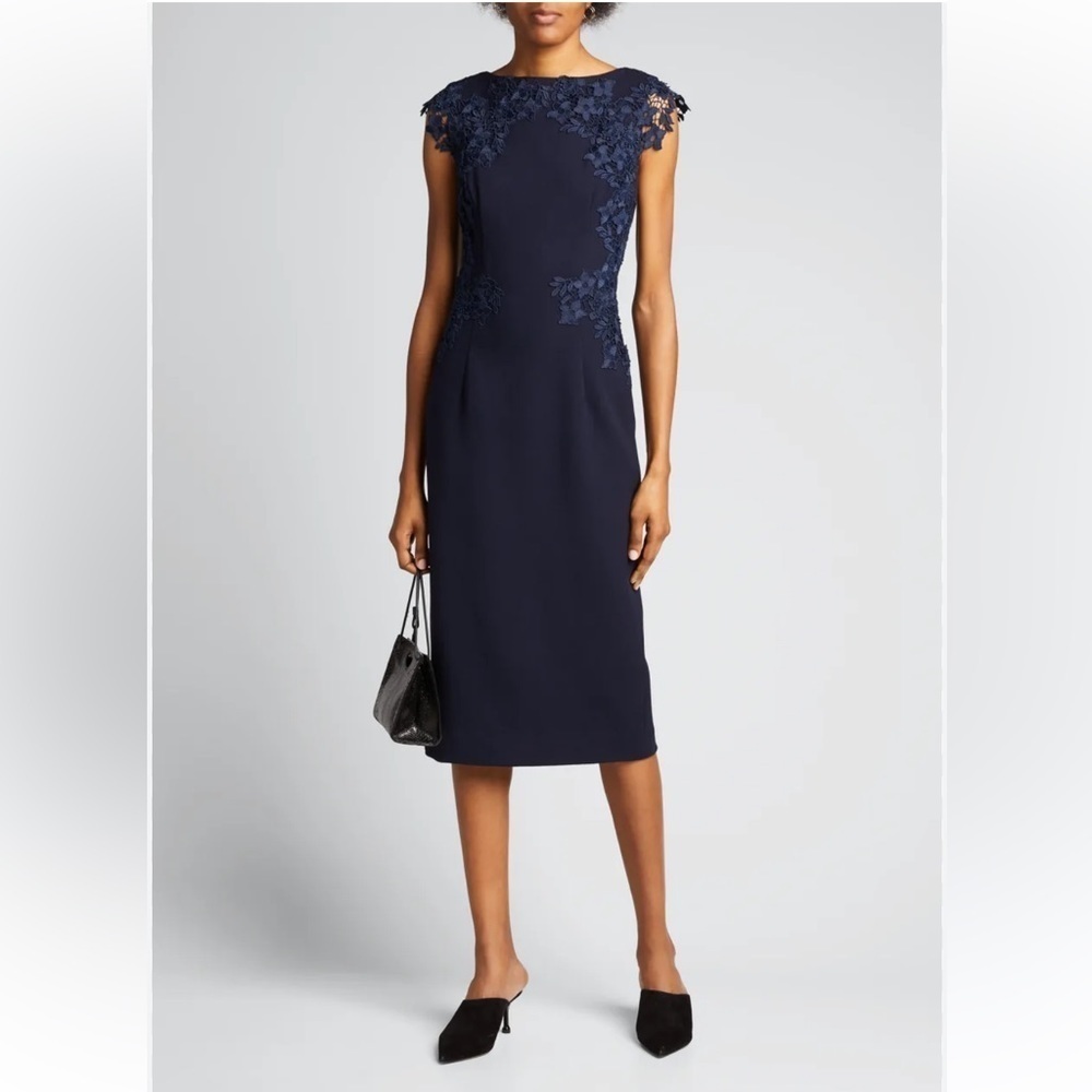 $1590 NWT Lela Rose 2 Navy Blue Lace-Embroidered Wool Crepe Sheath Midi Dress